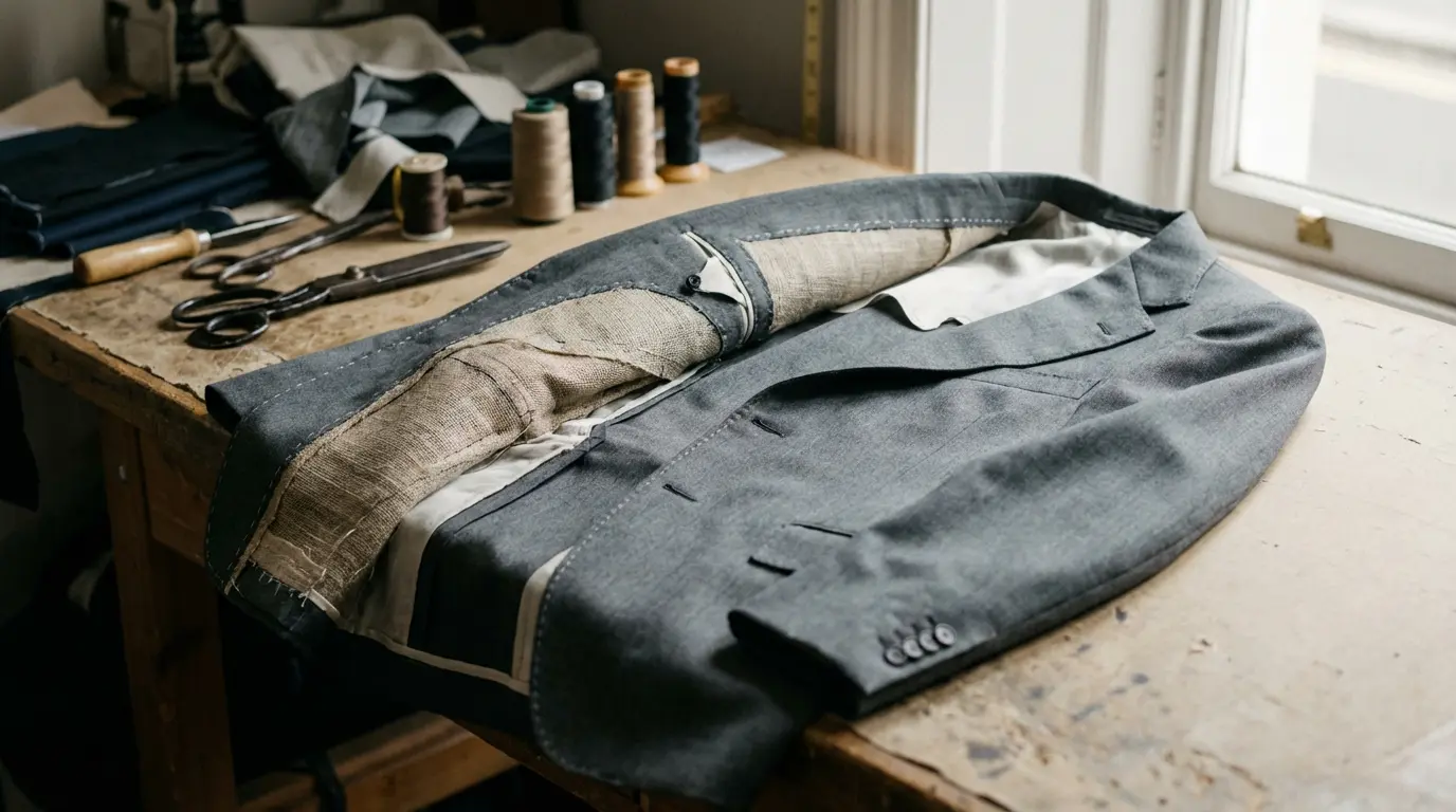 Veste de costume en construction montrant l'entoilage traditionnel et les coutures de structure