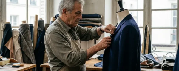 Tailleur ajustant les revers d'un costume sur mesure dans un atelier de confection
