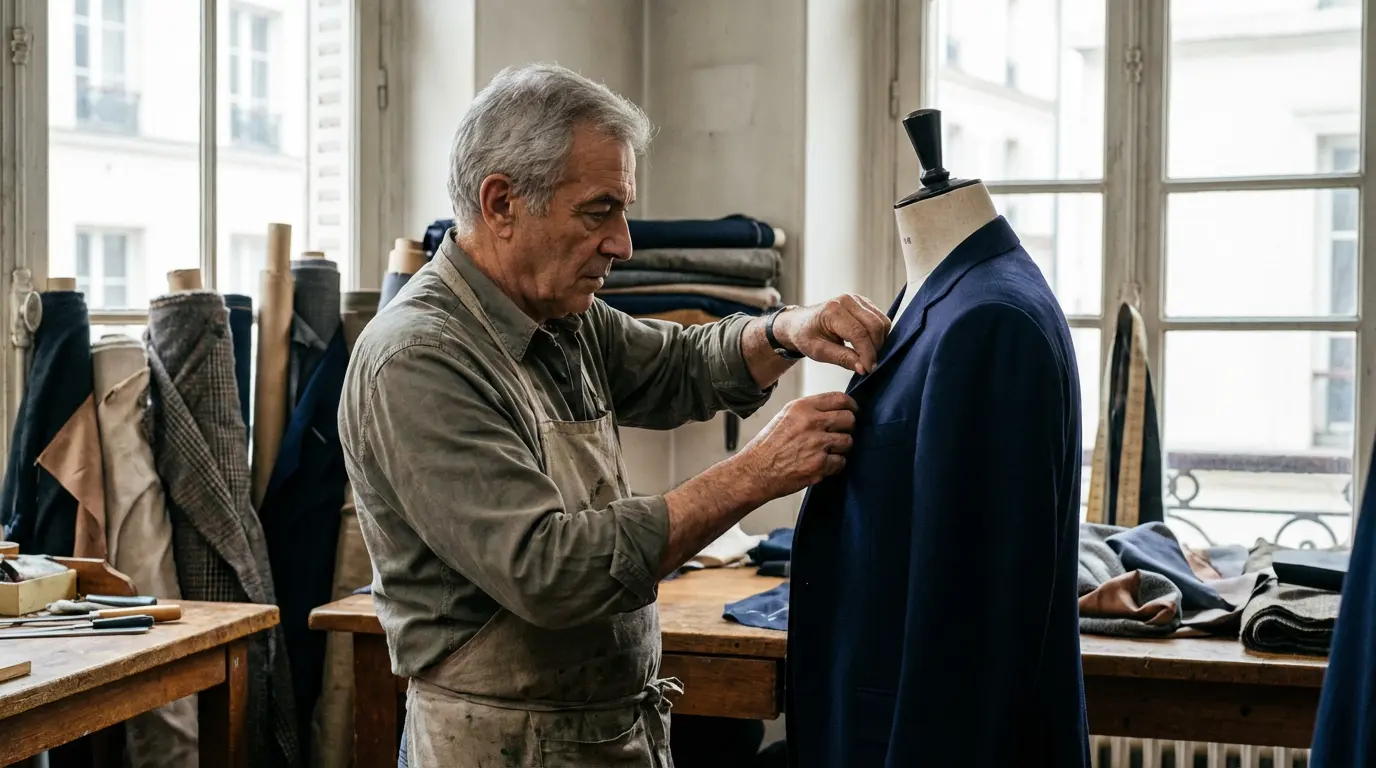 Tailleur ajustant les revers d'un costume sur mesure dans un atelier de confection