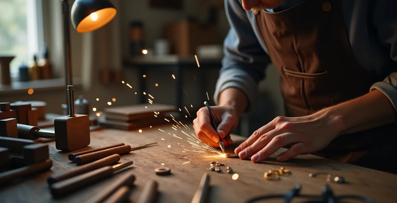 Atelier de bijoutier français montrant le savoir-faire artisanal et les outils traditionnels