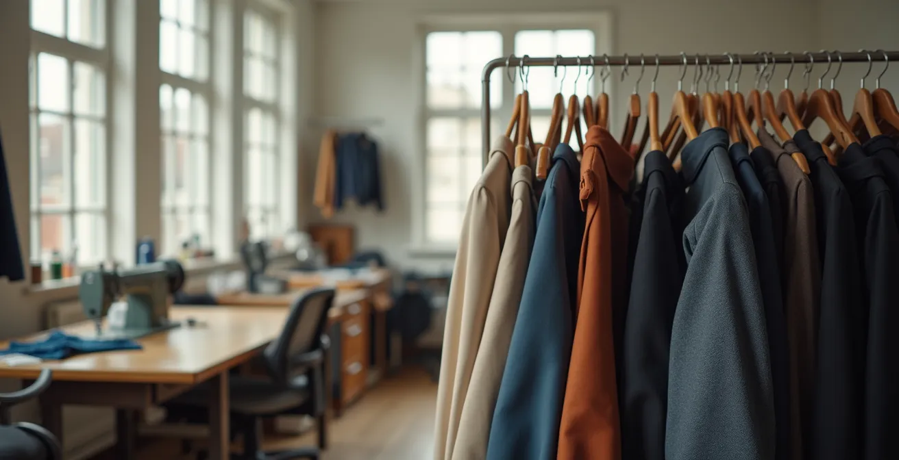 Vue d'ensemble d'un atelier de couture avec pantalons suspendus et machine à coudre