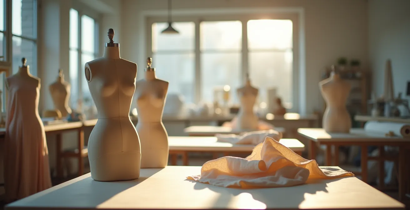 Vue large d'un atelier de haute couture avec mannequins et tissus, lumière naturelle filtrant par de grandes fenêtres