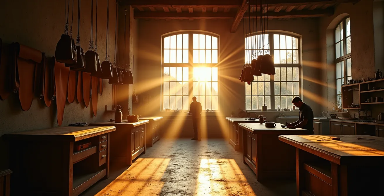 Artisan sellier travaillant dans un atelier labellisé Entreprise du Patrimoine Vivant