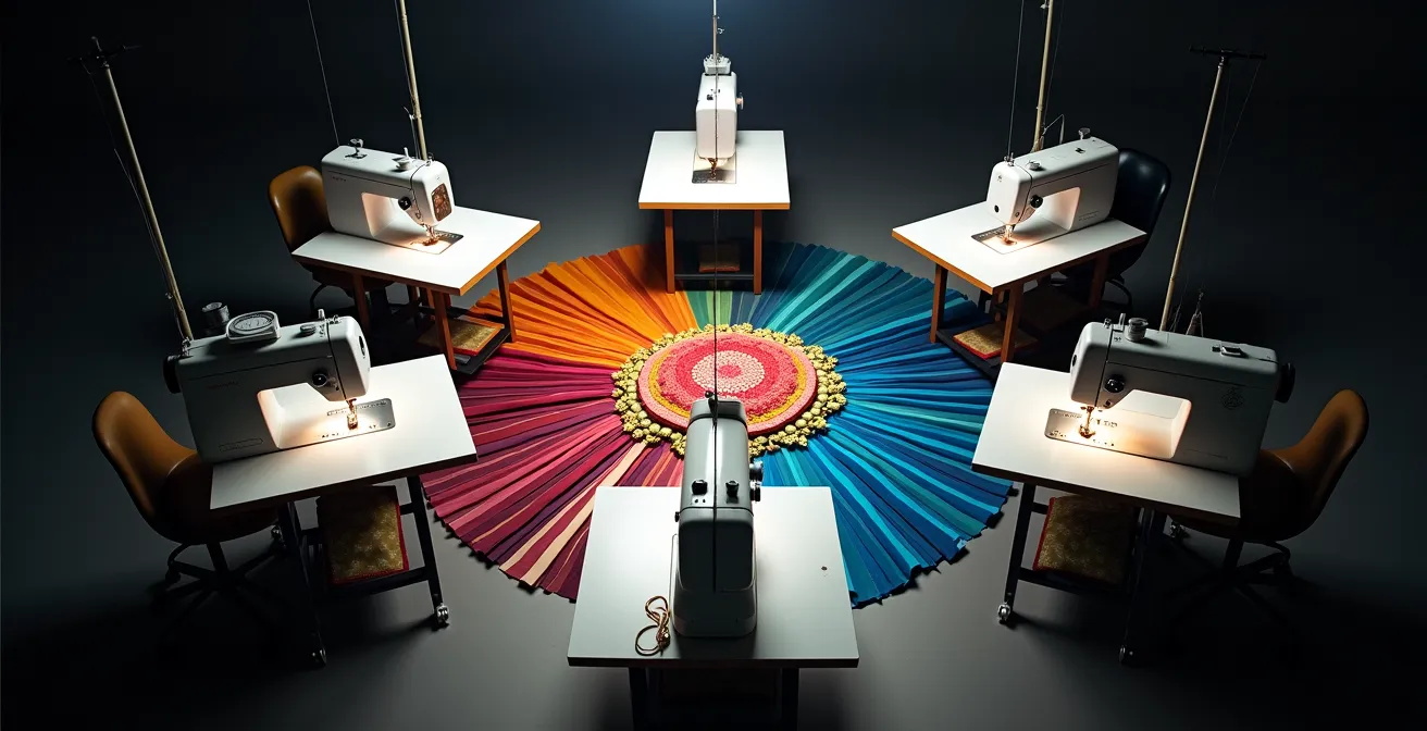 Espace de coworking textile avec plusieurs créateurs travaillant sur des machines à coudre industrielles