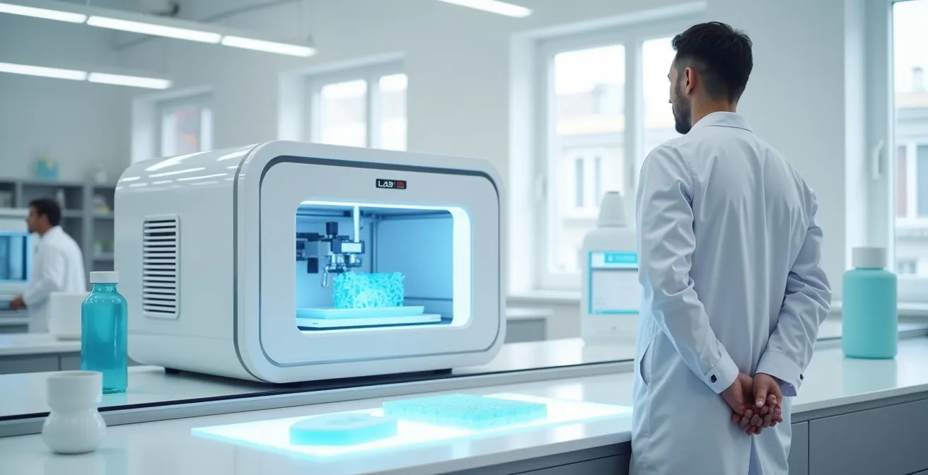 Impression 3D d'un masque de soin facial personnalisé dans un laboratoire cosmétique français