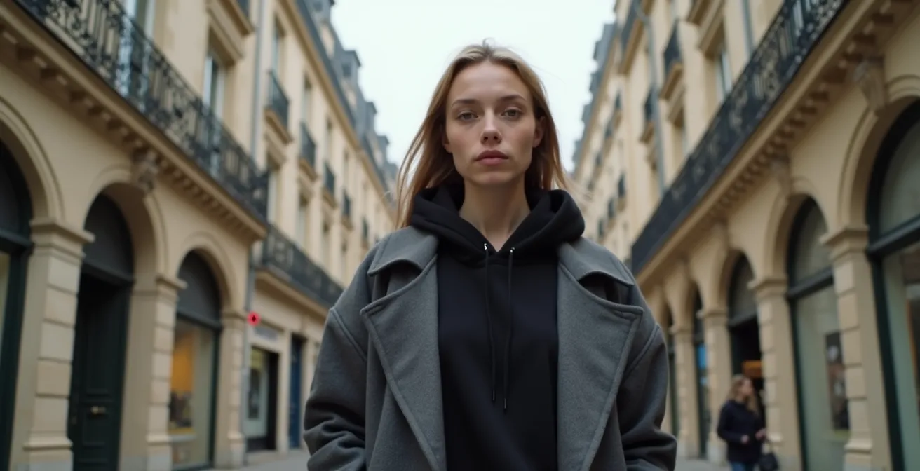 Jeune femme portant un blazer oversize gris sur un hoodie noir dans une rue parisienne