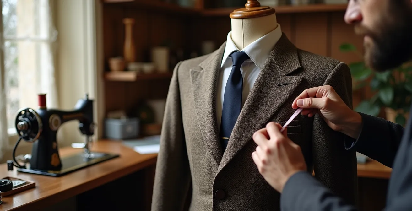Blazer masculin vintage en tweed posé sur un mannequin de tailleur dans un atelier parisien avec outils de couture en arrière-plan