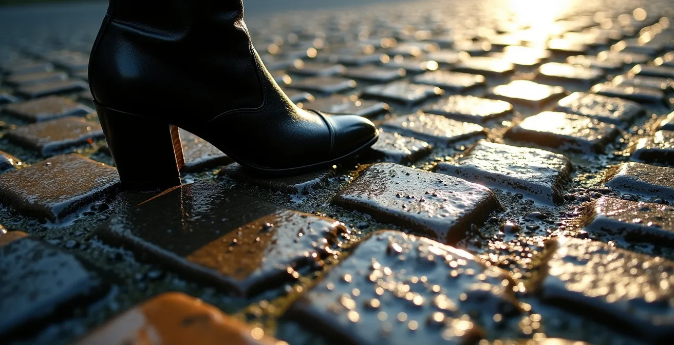 Gros plan macro sur des pavés parisiens usés avec l'ombre d'une chaussure élégante