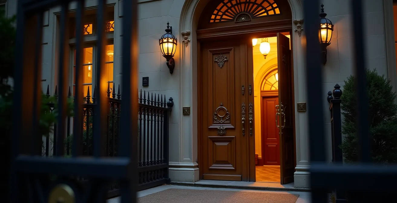 Entrée discrète d'un hôtel particulier parisien avec porte monumentale