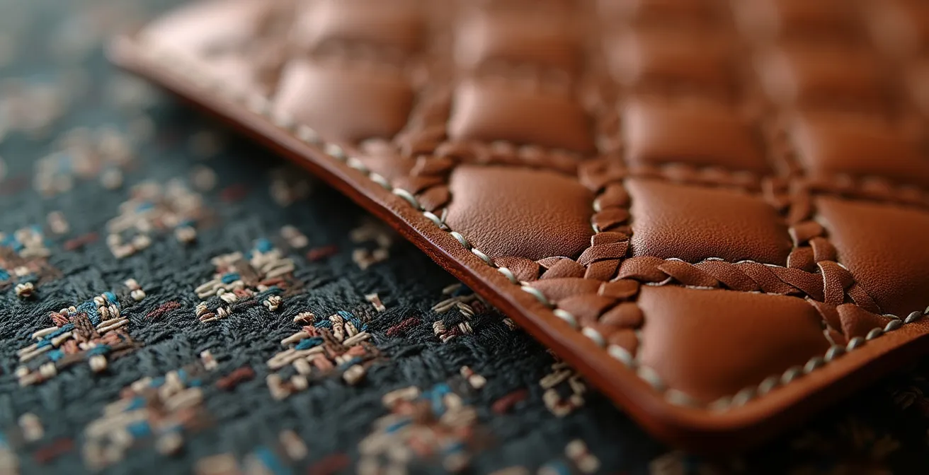 Détails macro de matières luxueuses révélant l'identité d'une marque sans logo