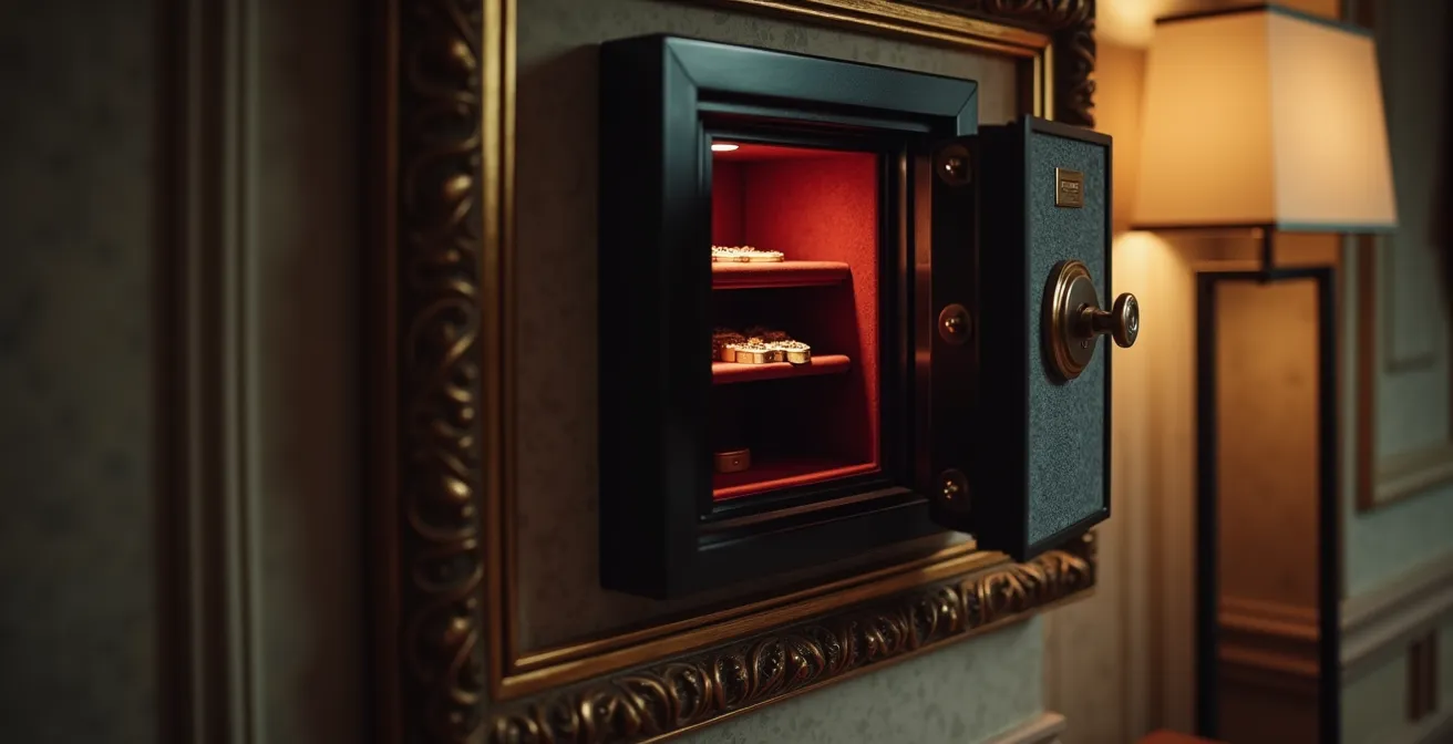 Coffre-fort moderne discrètement encastré dans un mur, révélant des compartiments en velours.
