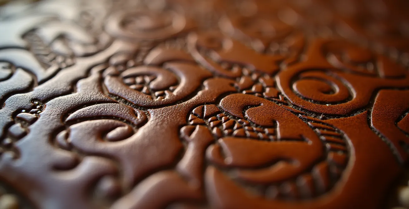 Détail macro d'une texture de cuir exotique avec motifs artistiques abstraits