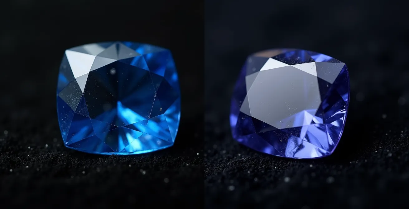 Comparaison macro entre un saphir de Ceylan non chauffé et une tanzanite de premier choix montrant leurs différences de structure