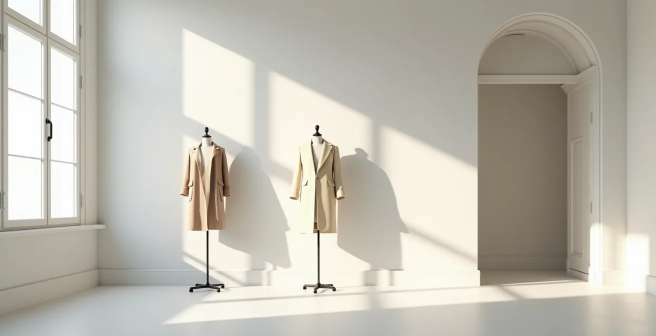 Comparaison visuelle entre les créations smoking de différentes époques dans un showroom vintage parisien