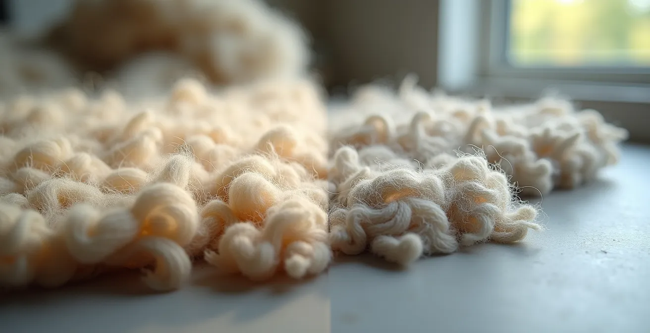 Vue macro comparative de deux échantillons de tissu montrant les fibres de laine pure et de mélange laine-polyamide