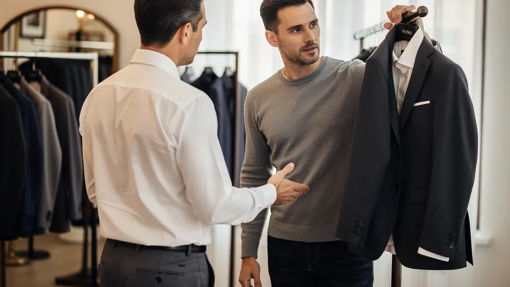 Conseiller showroom présentant costume à client masculin discussion professionnelle
