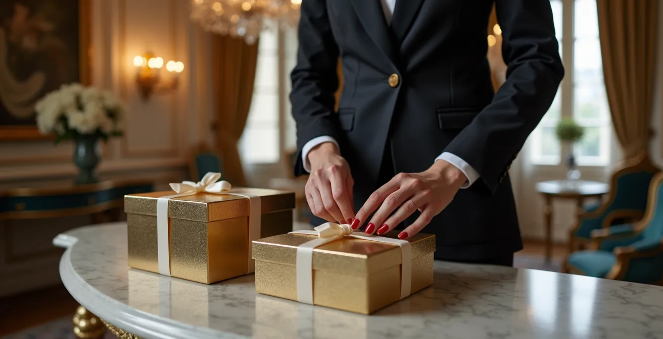 Conseiller de vente élégant préparant une livraison exclusive dans un palace parisien