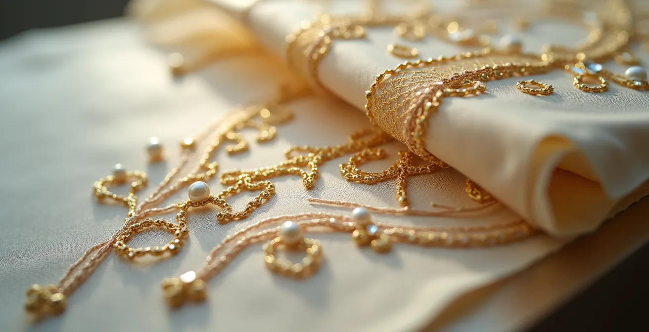 Robe haute couture conservée dans une boîte d'archivage avec papier de soie