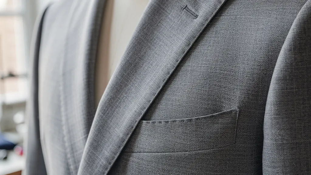 Détail costume marié texture tissu éclairage naturel finitions visibles