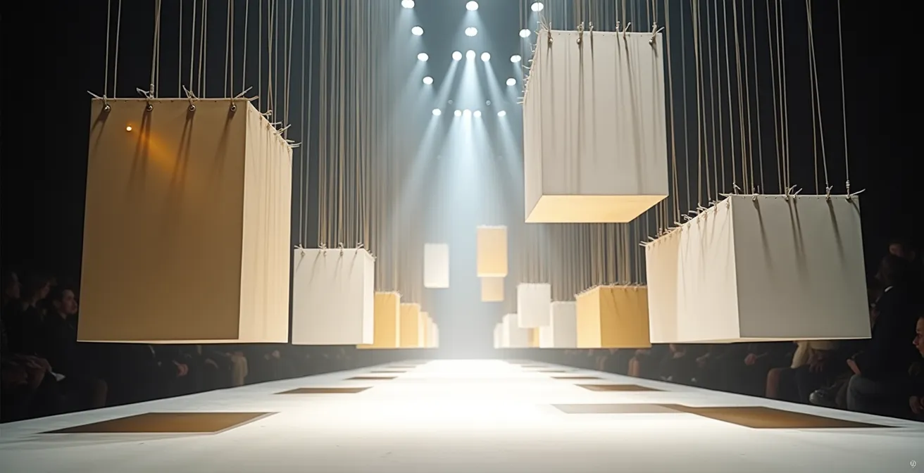 Installation artistique monumentale pour défilé avec jeux de lumières et structures géométriques