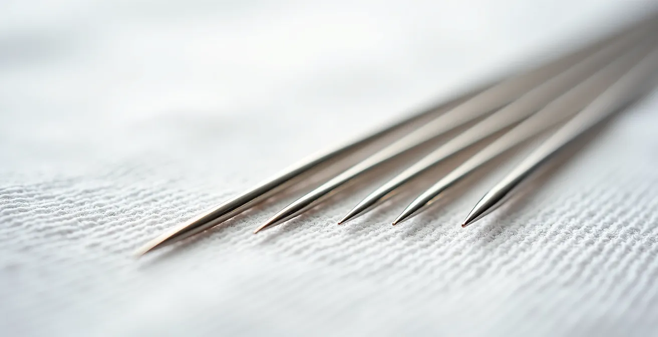 Gros plan sur différentes tailles d'aiguilles à broder disposées sur tissu blanc