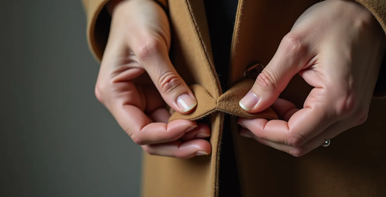 Détail intérieur d'un manteau montrant la doublure au niveau de l'emmanchure avec coutures visibles