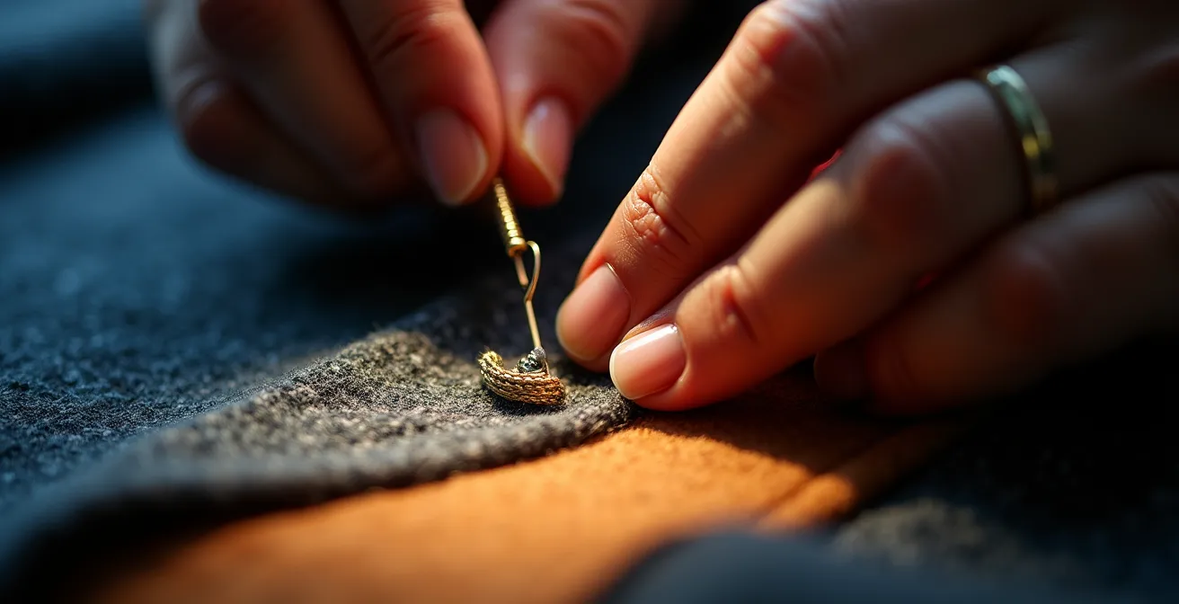 Vue macro d'une boutonnière passepoilée parfaitement réalisée sur tissu de qualité