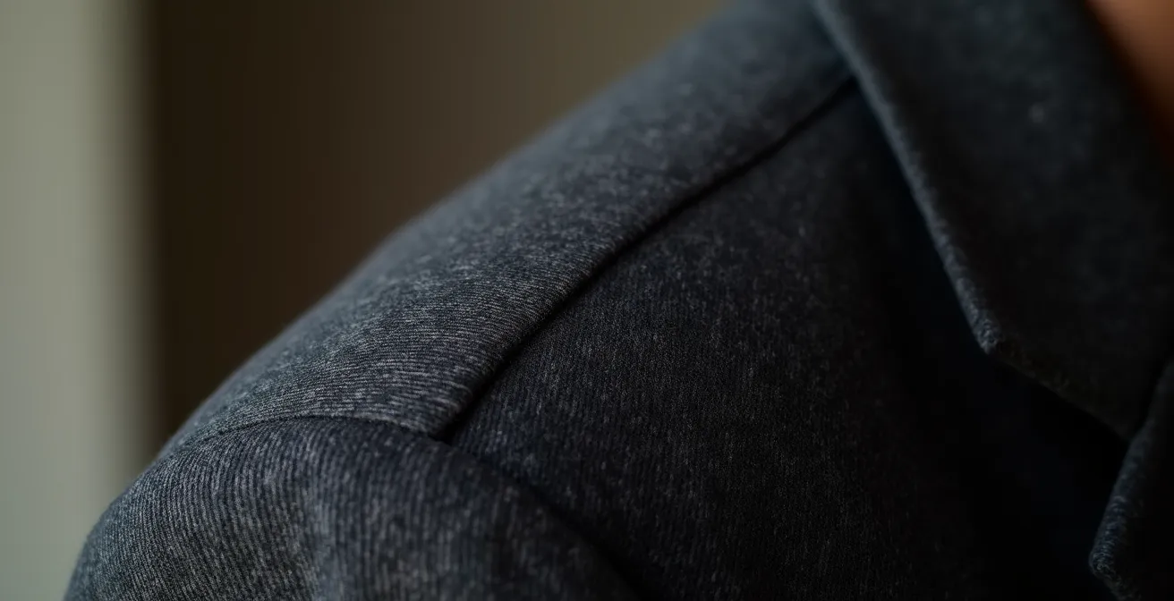 Gros plan sur l'épaule d'un blazer oversize montrant le tombé parfait de la couture