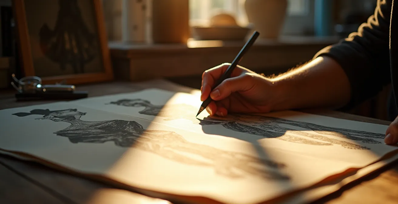 Portrait d'un directeur artistique moderne face à des archives historiques de haute couture