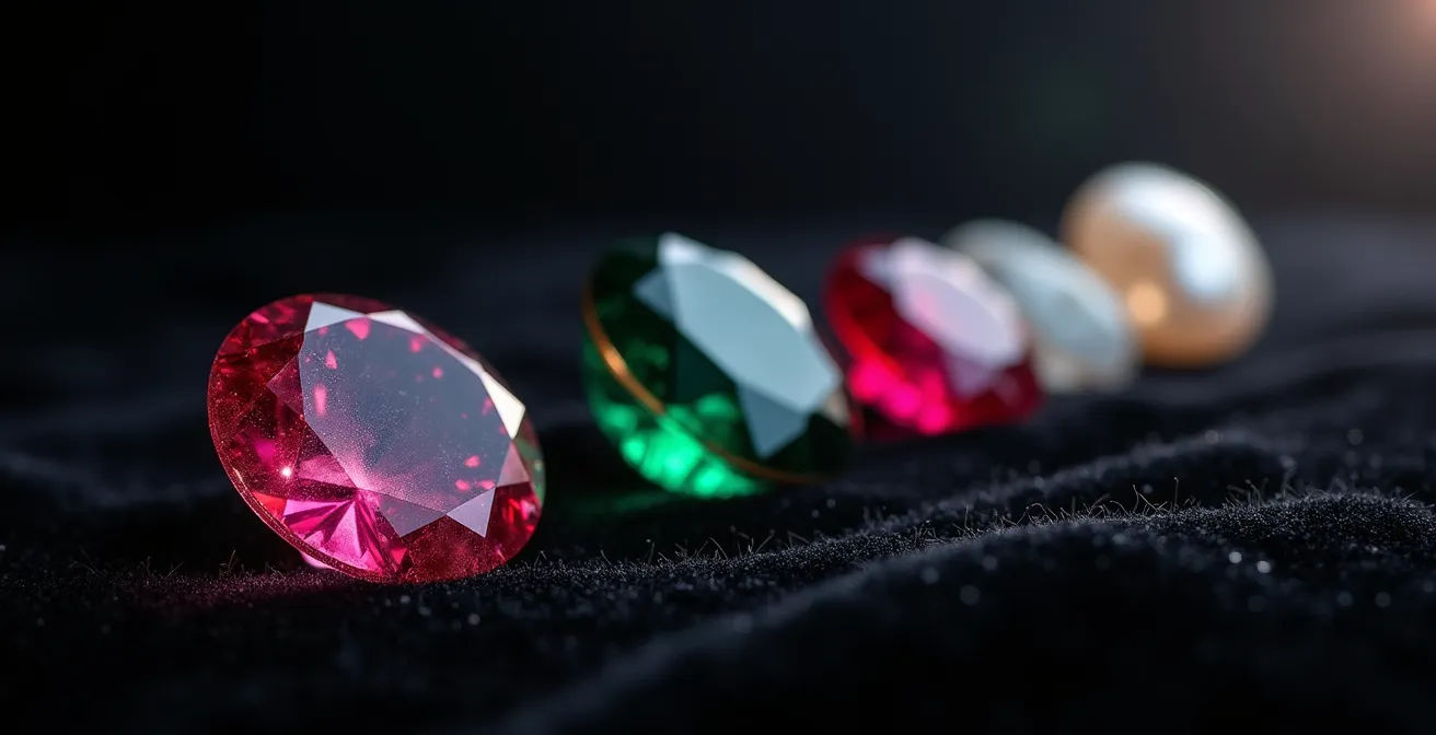 Macro photographie de pierres précieuses arrangées selon leur dureté sur un fond de velours noir.