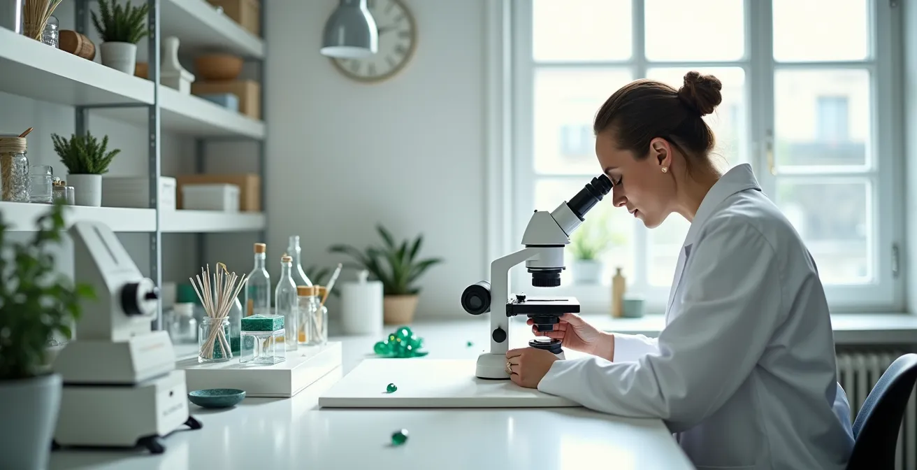 Gemmologue examinant une émeraude colombienne à la loupe binoculaire dans un atelier parisien