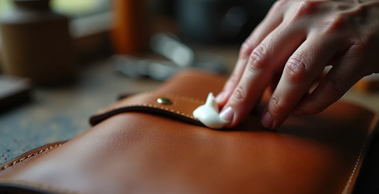 Artisan maroquinier travaillant sur un sac en cuir dans un atelier parisien