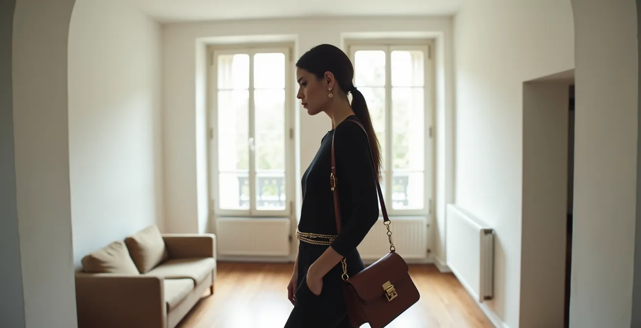 Silhouette élégante avec ceinture chaîne et accessoires minimalistes dans un décor épuré