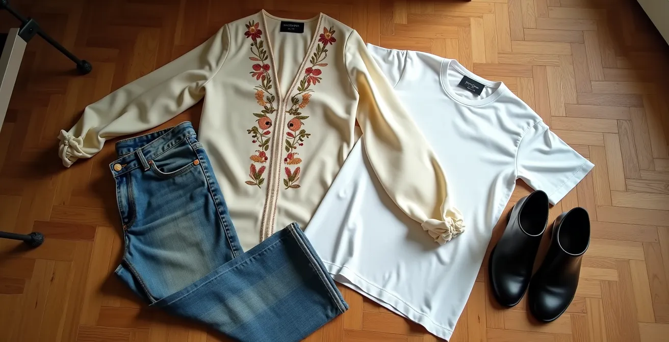 Tenue équilibrée montrant l'harmonie entre une pièce extravagante et des basiques neutres