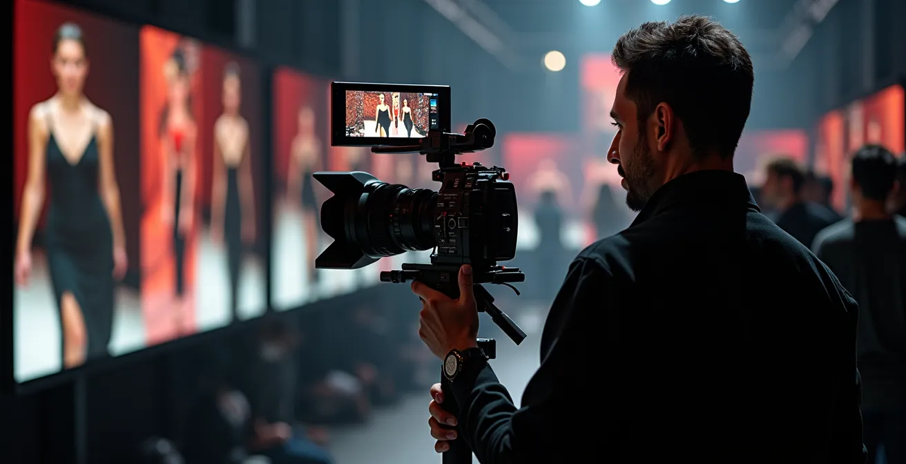 Équipe technique filmant un défilé avec caméras professionnelles et écrans de contrôle