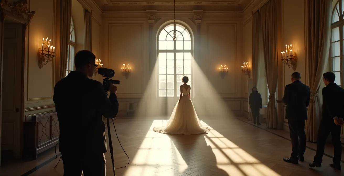 Mise en scène d'un shooting mode dans un château français avec photographe et équipe