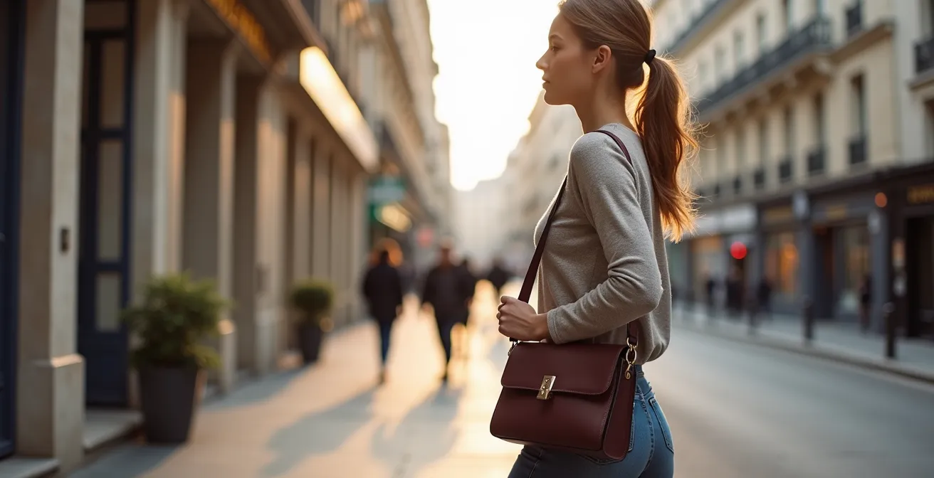 Femme portant un sac bandoulière à hauteur de taille démontrant la posture correcte