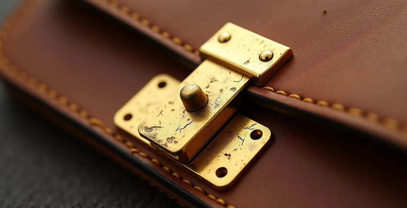Gros plan macro sur fermoir doré d'un sac de luxe montrant la patine naturelle et les micro-rayures d'usage