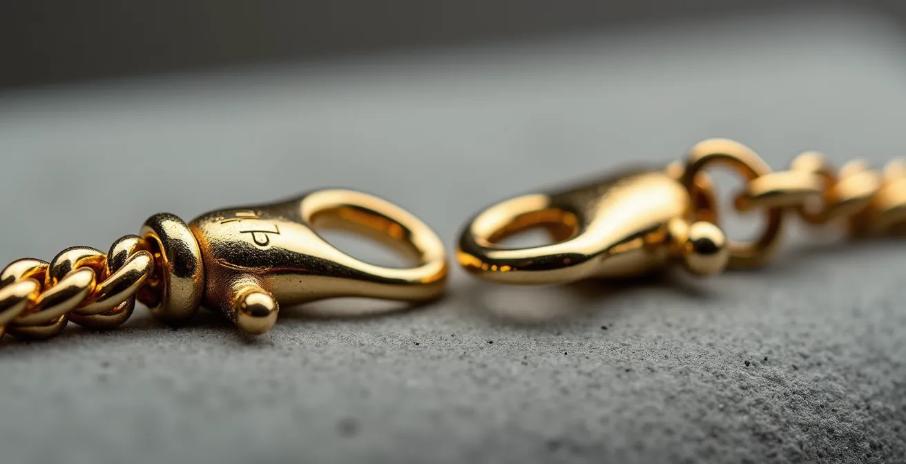 Gros plan sur deux types de fermoirs de chaînes en or