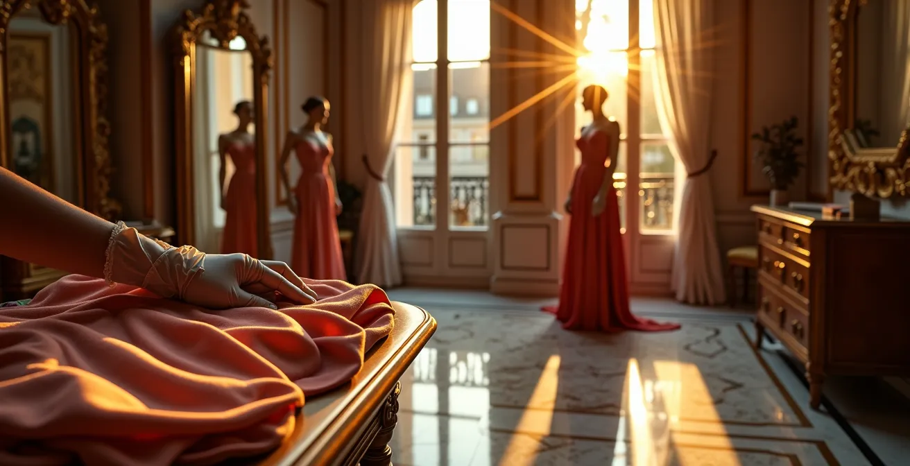 Intérieur luxueux d'une boutique haute couture parisienne avec architecture classique