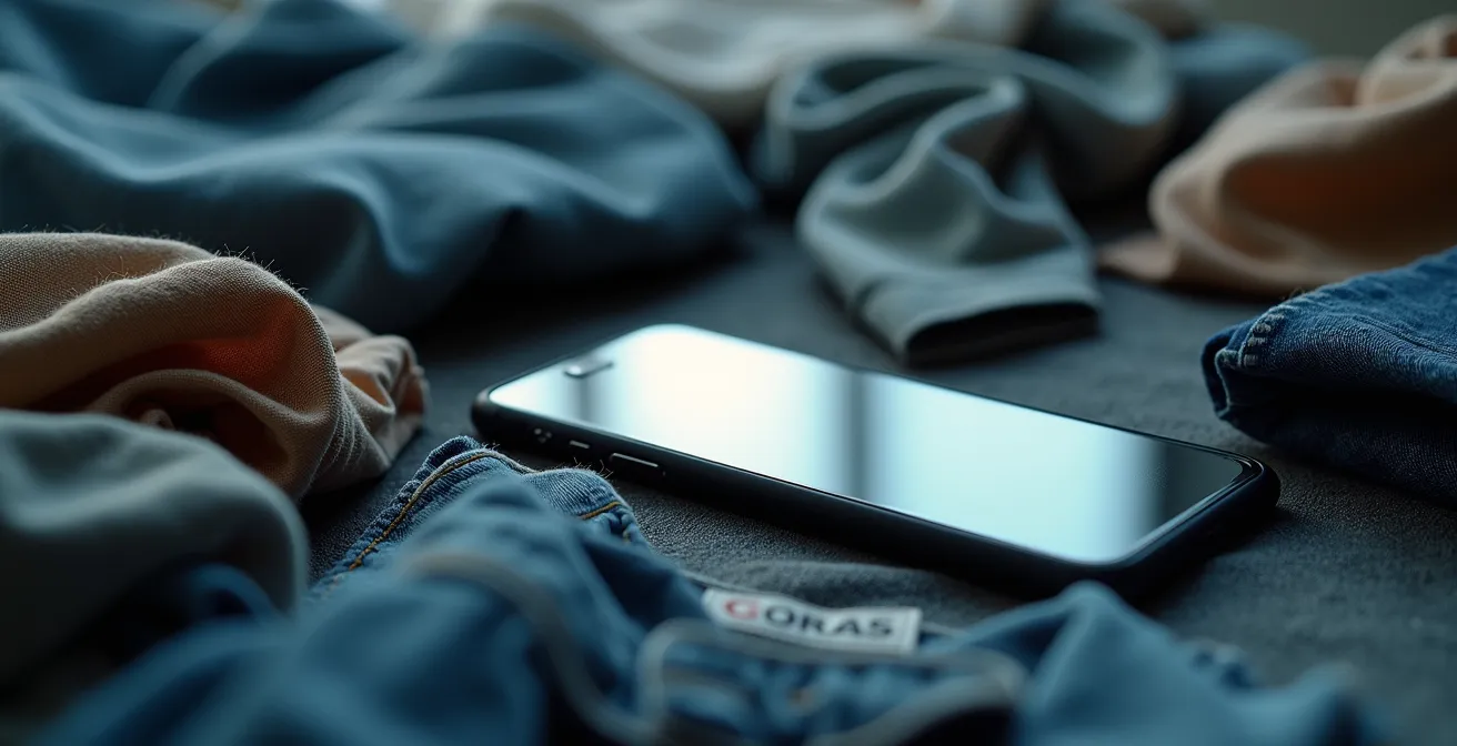 Jeune personne entourée de vêtements face à un miroir, smartphone posé