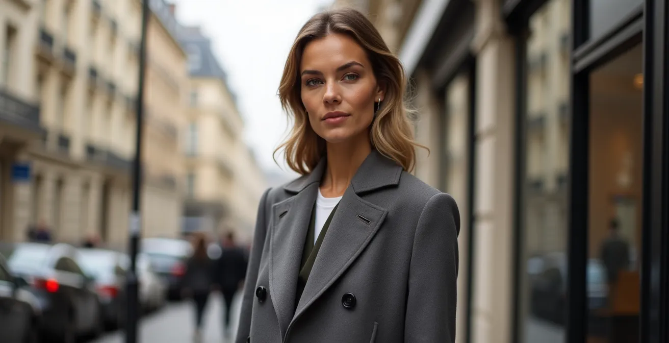 Portrait d'une femme portant une veste aux épaules architecturales dans une rue pavée de Paris