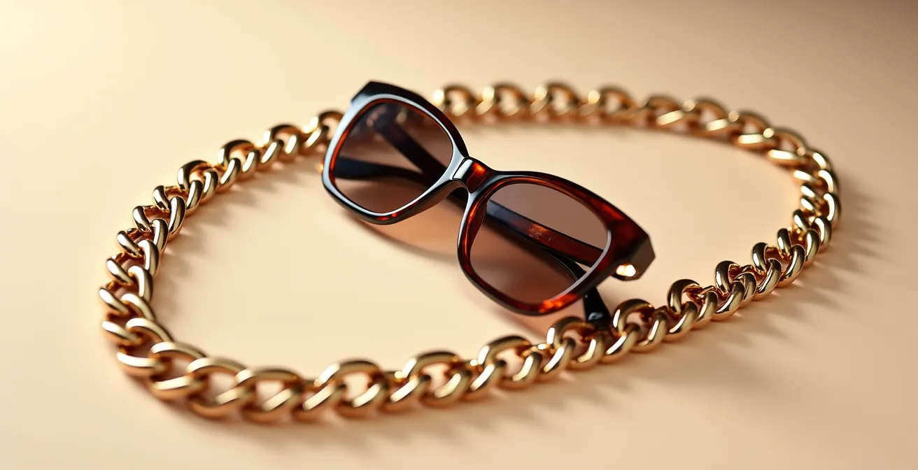 Composition de lunettes papillon et ceinture chaîne aux maillons ronds sur surface neutre