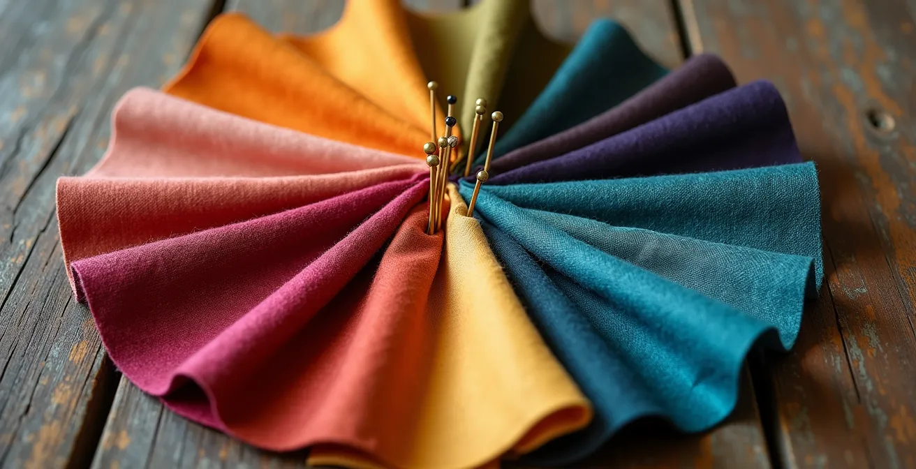 Échantillons de tissus colorés disposés selon le cercle chromatique dans un atelier de création