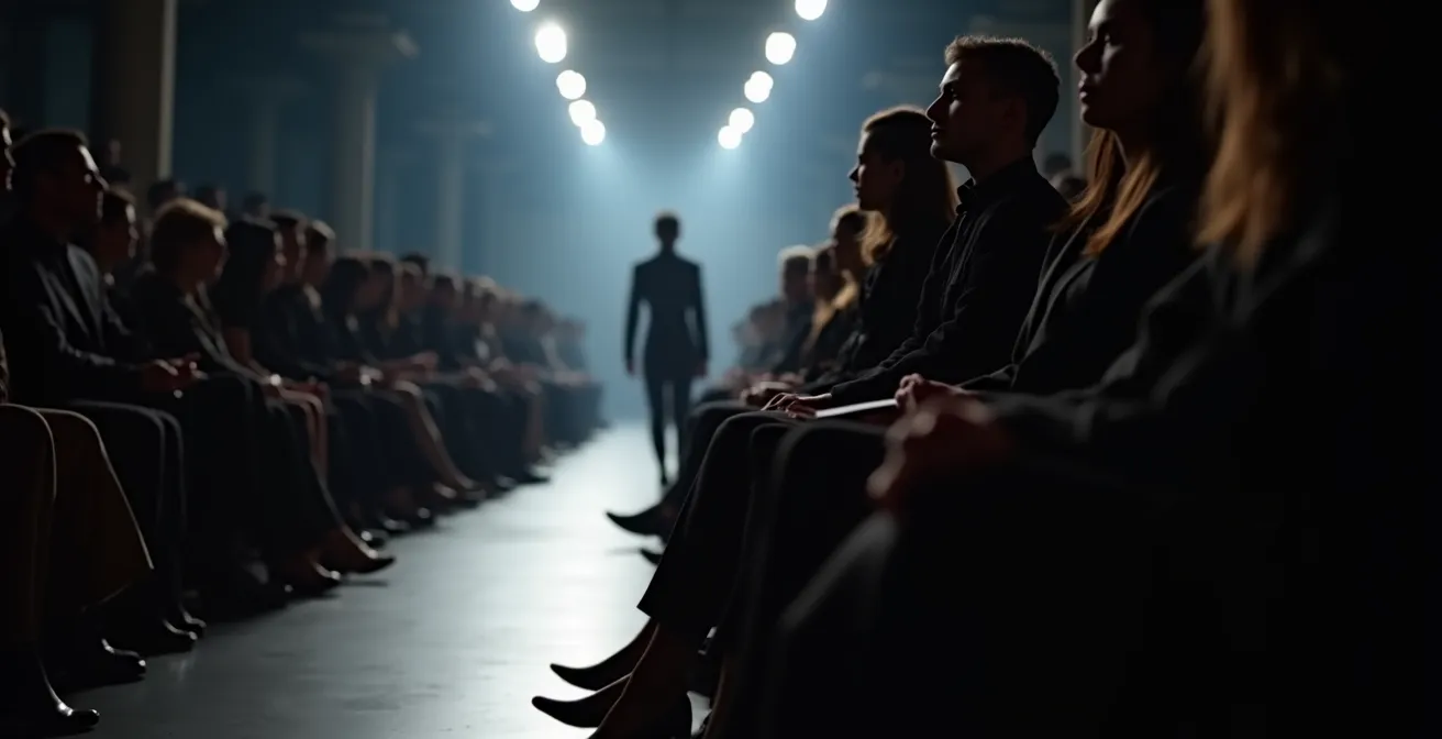 Vue latérale d'une salle de défilé avec jeux d'ombres et de lumières sur les rangées de sièges