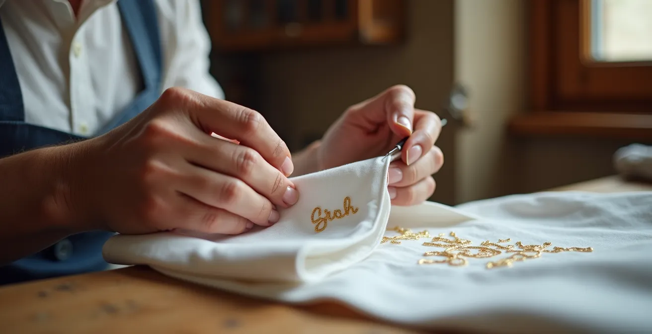 Mains expertes brodant délicatement des initiales sur une chemise blanche
