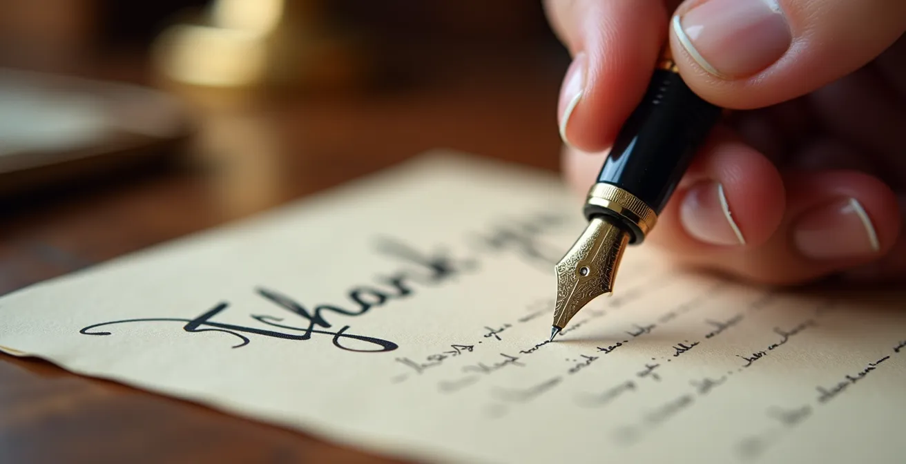 Main élégante écrivant une lettre de remerciement sur papier personnalisé avec stylo plume