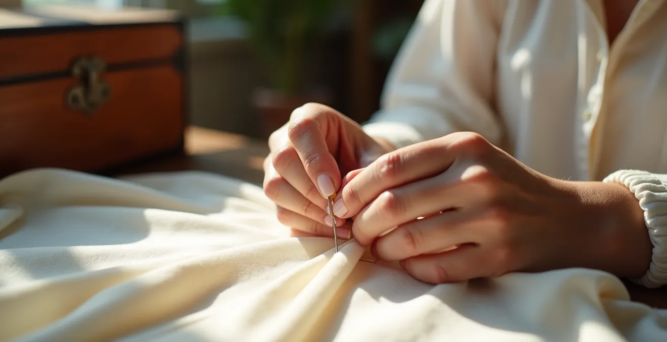 Main délicate réparant un accroc sur de la soie avec une aiguille fine