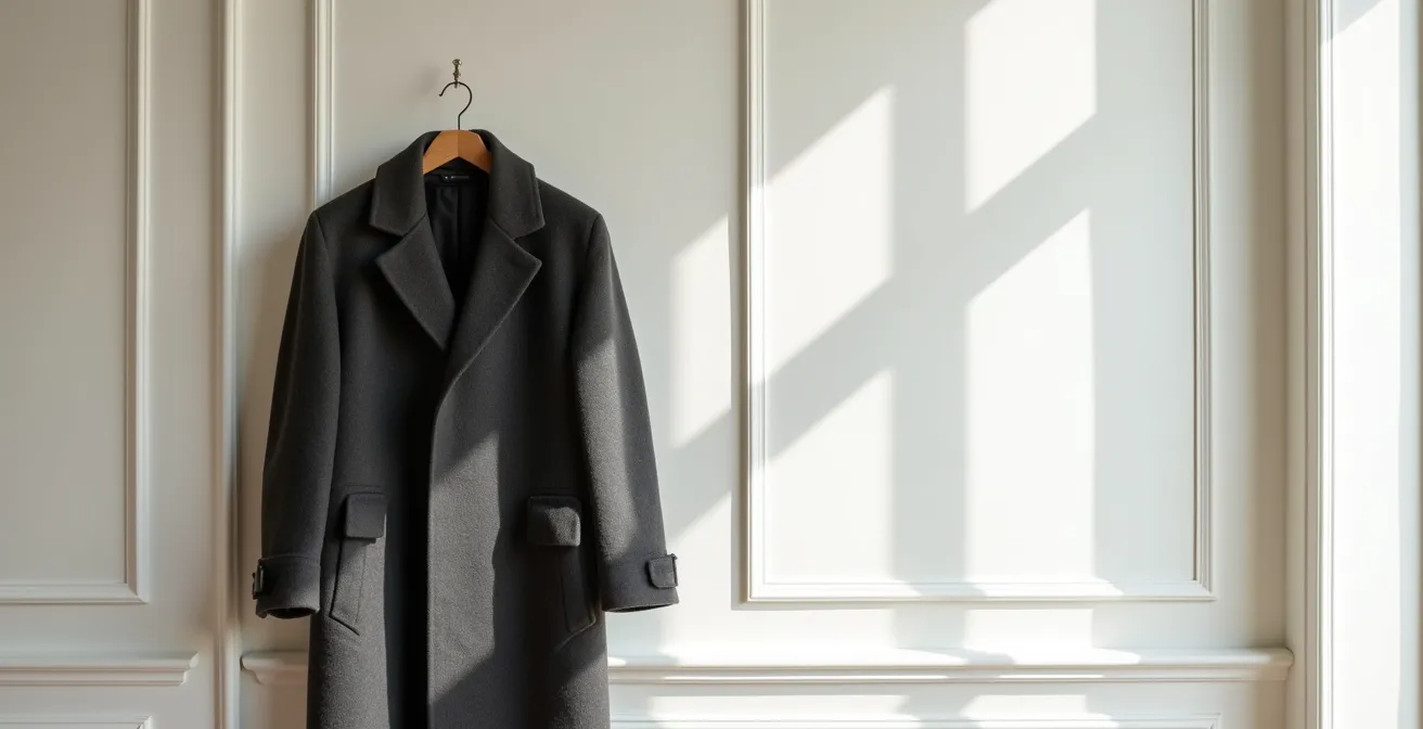 Vue détaillée d'un manteau montrant les zones renforcées en polyamide aux coudes et épaules