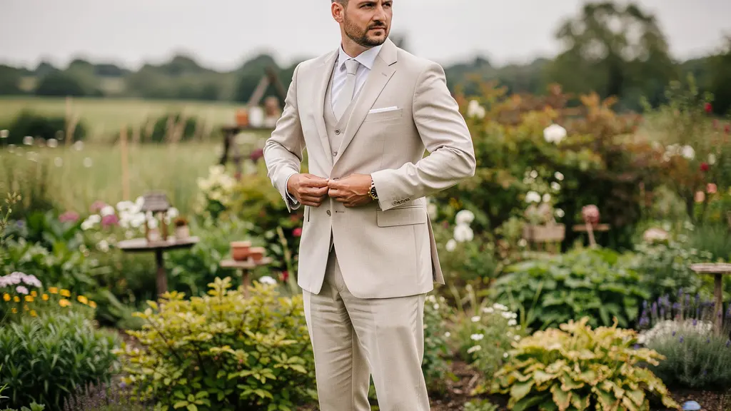 Marié ajustant costume clair en extérieur jardin ensoleillé texture tissu visible